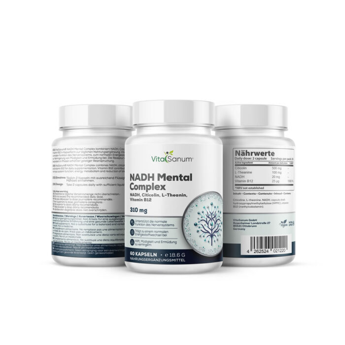 Citicolin, L-Theanin, NADH (reduziertes Nicotinamid-Adenin-Dinukleotid), Kapselhülle: Hydroxypropylmethylcellulose (HPMC), Vitamin B12 (Methylcobalamin)